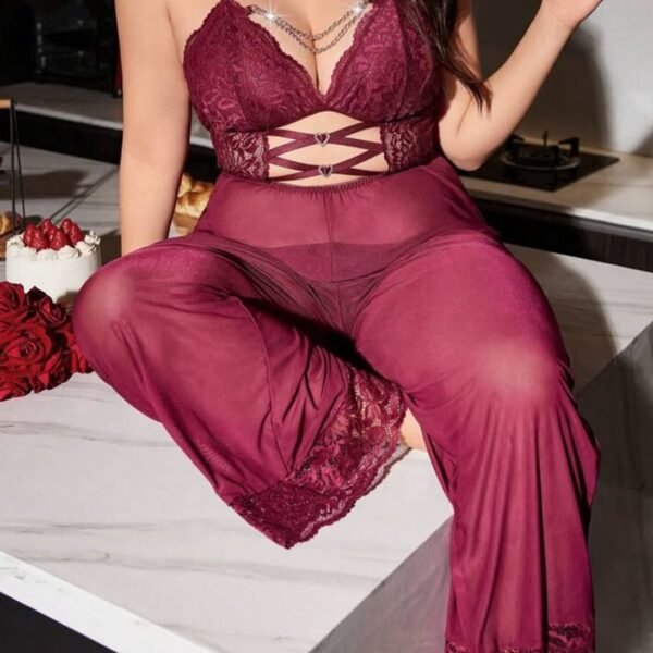 Elegant Burgundy Lace & Mesh Jumpsuit