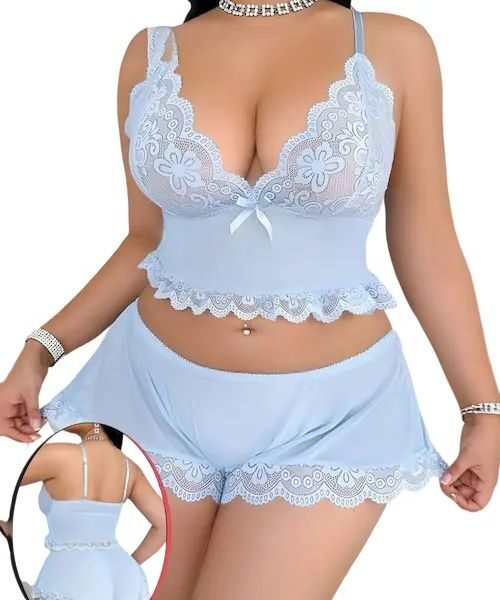 Elegant Two-Piece Floral Lace Cami Top & Ruffle Shorts Lingerie Set - Baby Blue