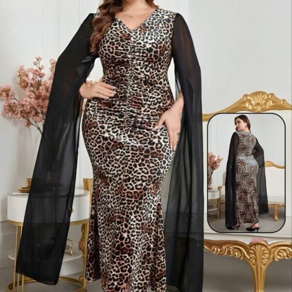 Elegant Leopard Print Ruched Maxi Dress with Dramatic Sheer Cape Sleeves