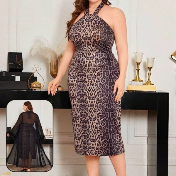 Elegant 2-Piece Leopard Print Midi Dress & Chiffon Cape Set