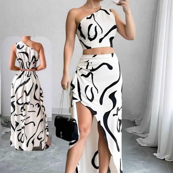 Abstract Print One-Shoulder Maxi Set