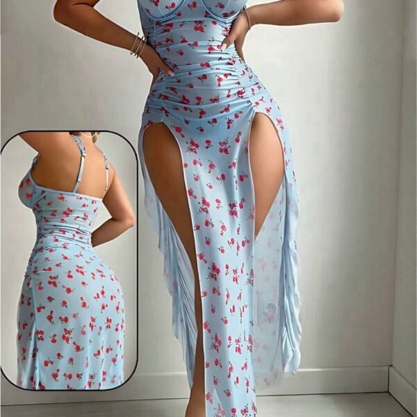 Floral Ruffled Maxi Dress with High Double Slits