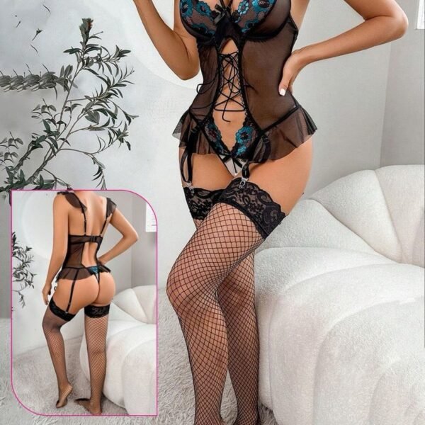 Exquisite Floral Embroidery Sheer Mesh Lingerie Set