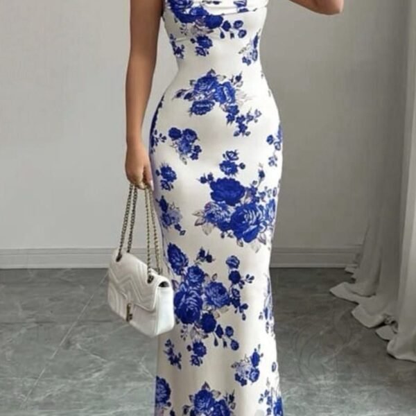Elegant Floral Cowl-Neck Maxi Dress