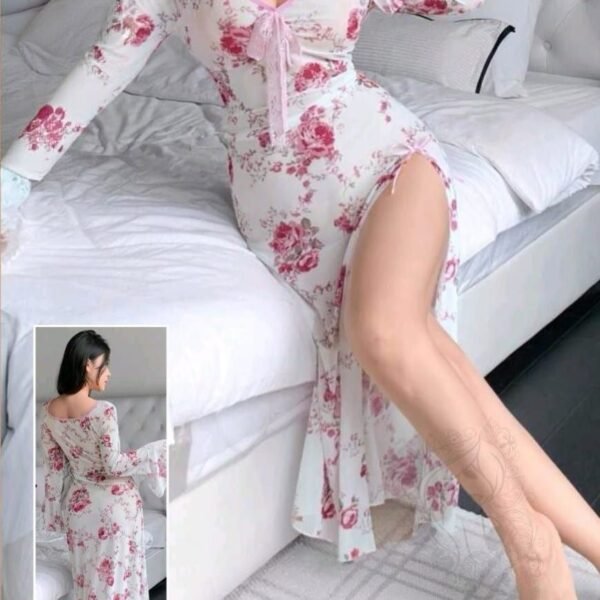 Floral Enchantment Long-Sleeve Maxi Lounge Dress