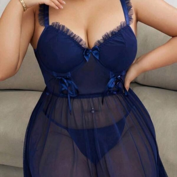 Elegant Navy Blue Mesh Babydoll Nightgown Set