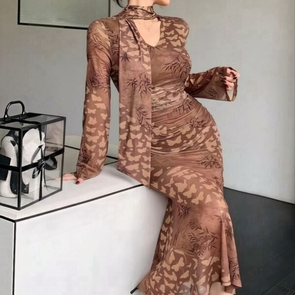 Brown Butterfly-Print Mesh Ensemble