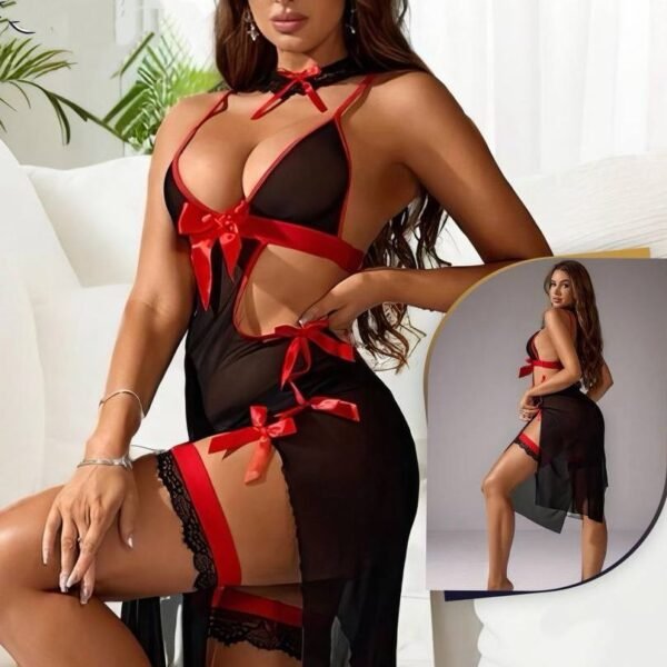 Midnight Noir Mesh Lingerie Set with Satin Ribbon Accents