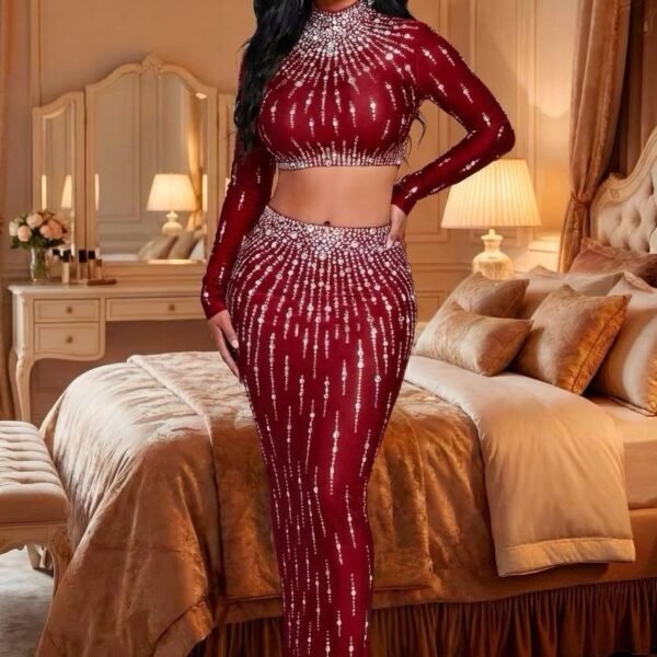 Midnight Starburst Rhinestone Two-Piece Maxi Set