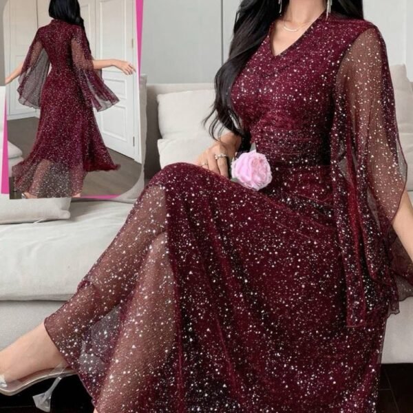 Sparkling Sequin Maxi Dress with Flutter Cape Sleeves