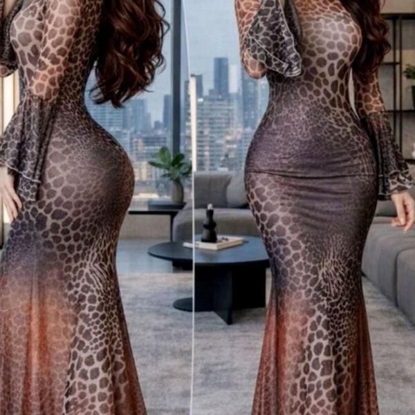 Leopard Print Ombré Flare-Sleeve Maxi Dress
