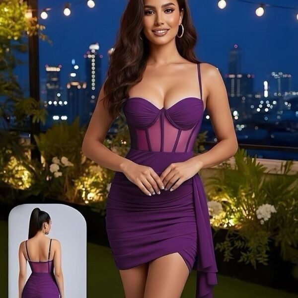 Elegant Ruched Mini Dress with Corset Bodice and Cascading Drape