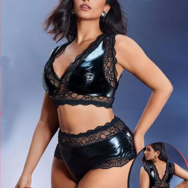 Two-Piece Wet Look & Lace Lingerie Set