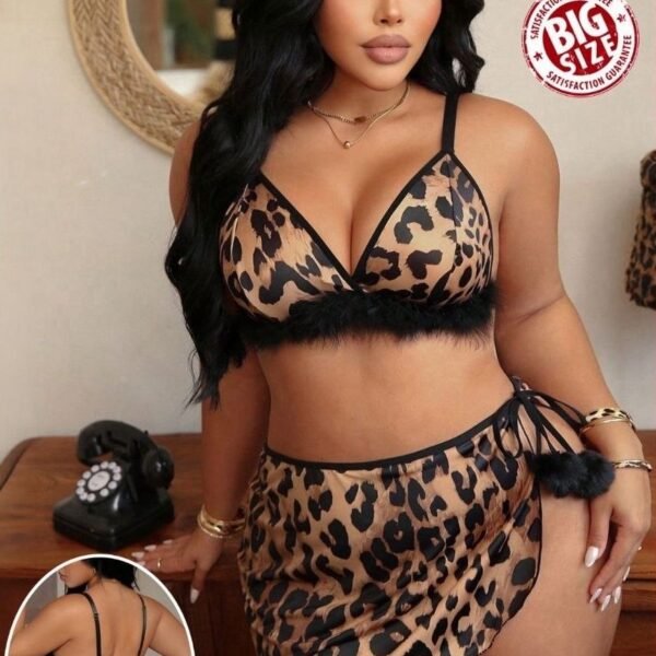 Leopard Print Lingerie Set with Faux Fur Trim