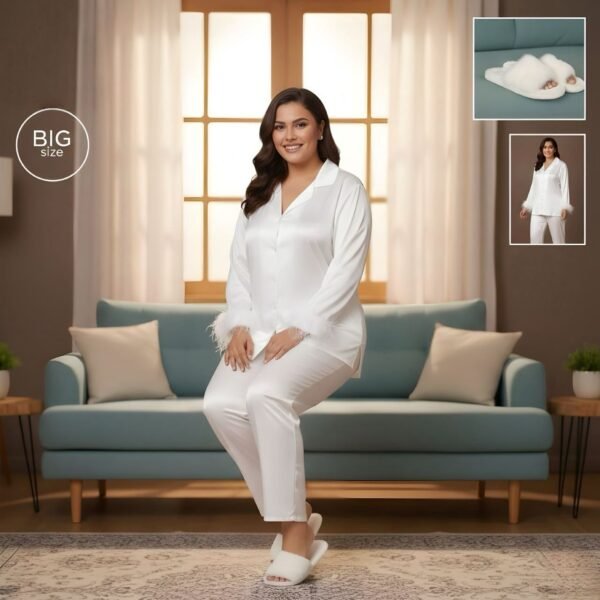 Elegant Faux-Fur Trim Satin Pajama Set