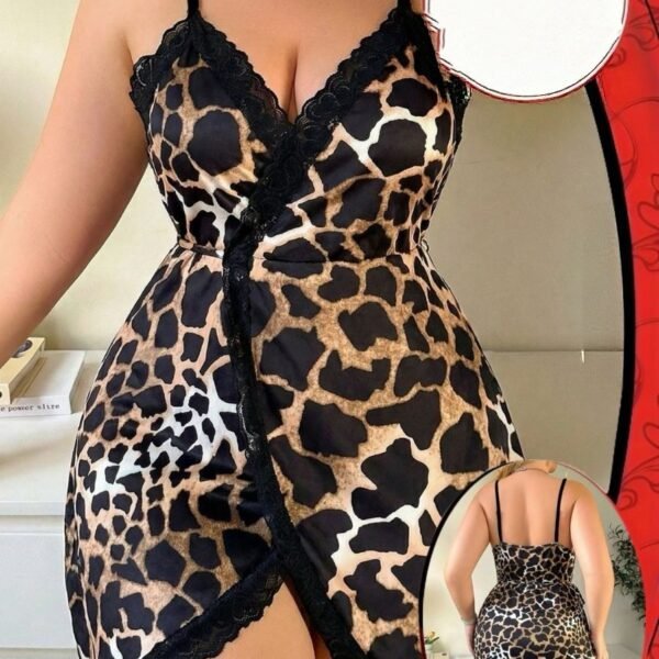 Lace-Trimmed Leopard Print Surplice Nightdress - Plus Size