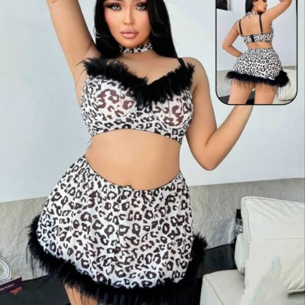 Plus Size Leopard Print Faux-Fur Trim Costume Set - Wild Cat Aesthetic