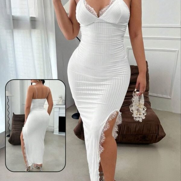 Elegant Ribbed Bodycon Maxi Dress with Lace Trim