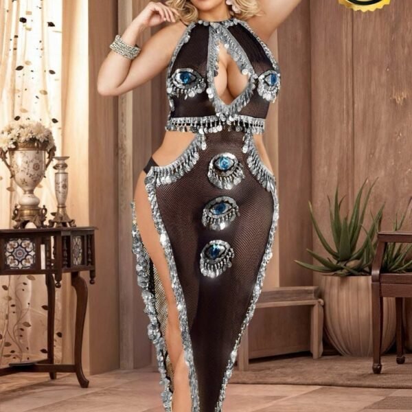 Exotic Evil Eye Mesh Performance Costume – Sequin & Coin Embellished Halter Gown