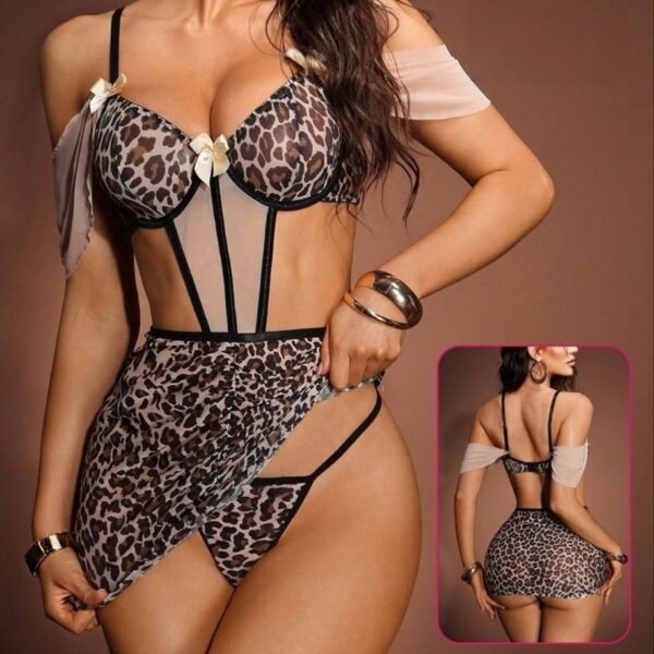 Leopard Print Corset-Style Lingerie Set with Matching Mini Skirt