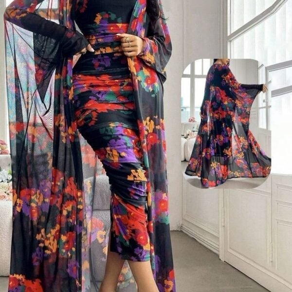 Elegant Floral Print Two-Piece Set: Ruched Bodycon Midi Dress & Matching Sheer Kimono Cardigan