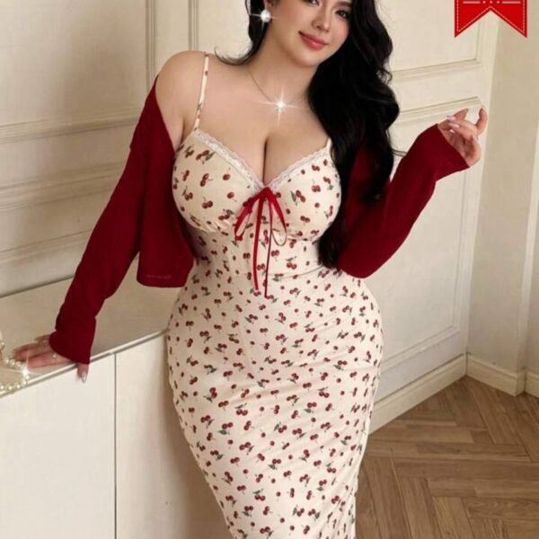 Cherry Print Bodycon Midi Dress with Cardigan Set
