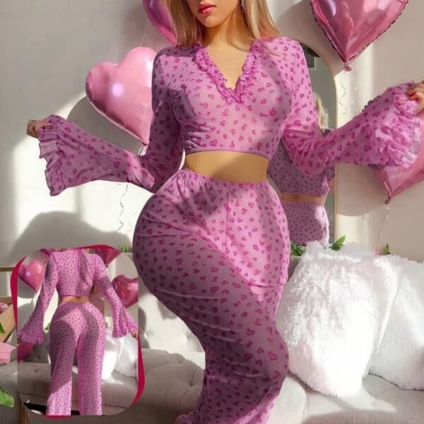 Chic Heart-Print 2-Piece Lounge Set - Ruffled V-Neck Crop Top & Flared Trousers