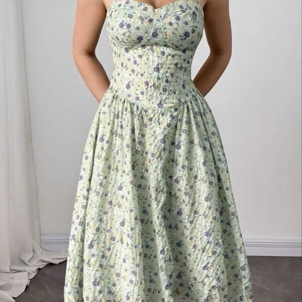 Pastel Floral Corset-Style Midi Dress