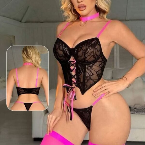 Neon Pink & Black Lace Corset Lingerie Set