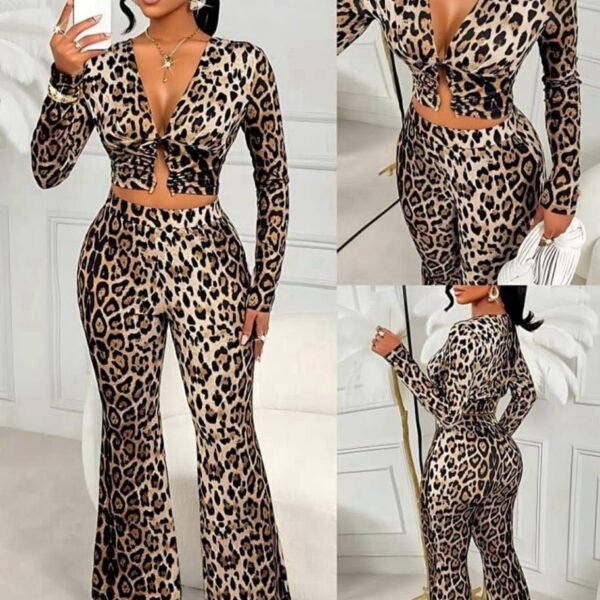 Leopard Print Two-Piece Set: Long Sleeve Crop Top & High-Waist Flare Pants