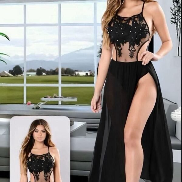 Elegant Black Lace & Chiffon Maxi Dress