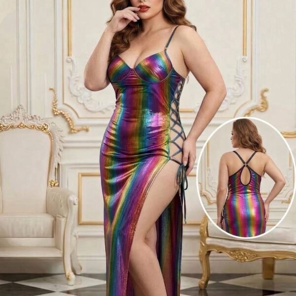 Iridescent Rainbow Lace-Up Maxi Dress