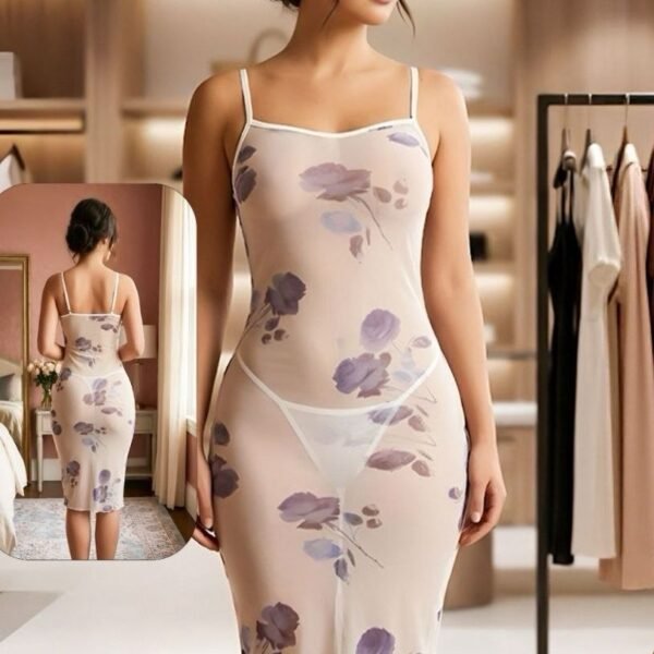 Floral Mesh Chemise Nightgown with Spaghetti Straps