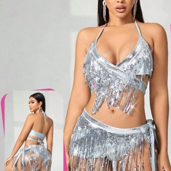 Holographic Silver Sequin Fringe Two-Piece Set