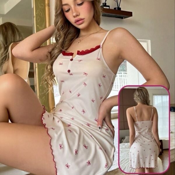 Charming Bow Print Lace Trim Nightgown