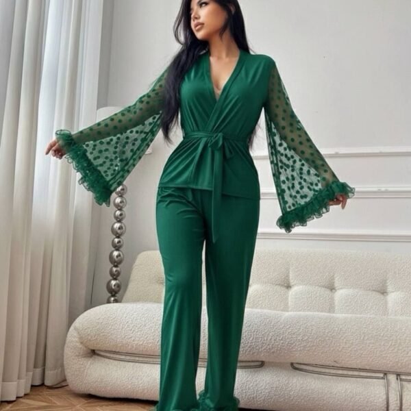 2-Piece Loungewear Set with Sheer Polka Dot Flare Sleeves