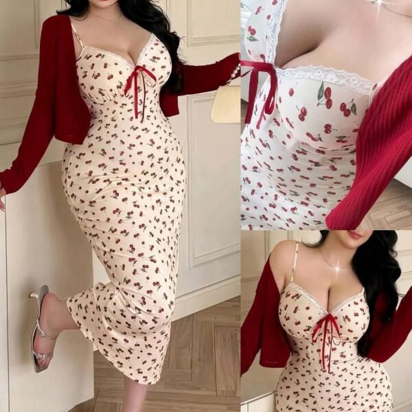 Charming Cherry Print Slip Maxi Dress with Ribbed Cardigan Set