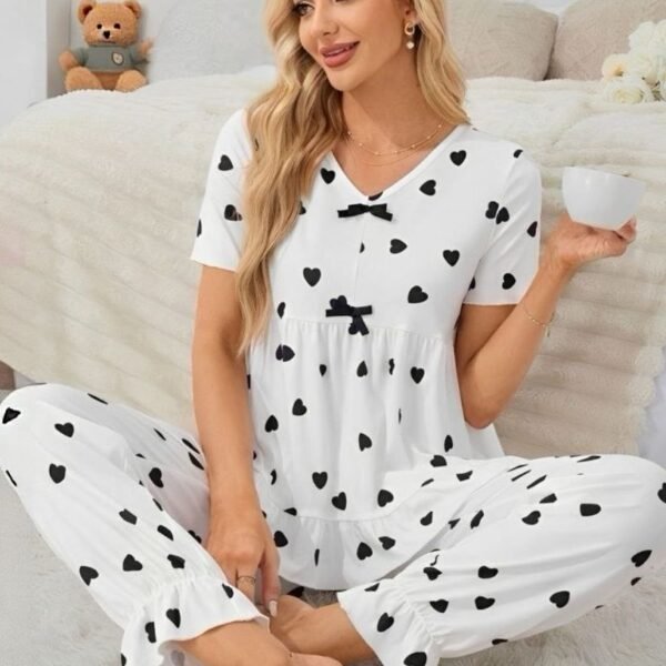 Women's Sweet Heart Print Pajama Set - Short Sleeve Ruffle Top & Matching Pants