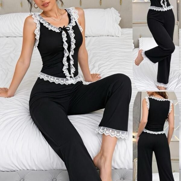 Elegant Lace-Trim Cami & Wide-Leg Pants Pajama Set