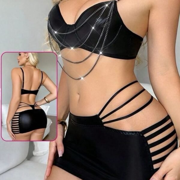 Faux Leather Chain-Detail Lingerie Set with Cut-Out Mini Skirt