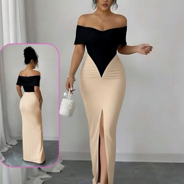 Elegant Off-the-Shoulder Two-Tone Maxi Dress