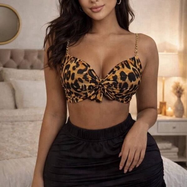 Leopard Print Chain-Strap Top & Ruched Mini Skirt