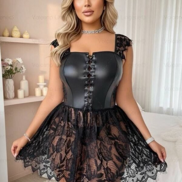 Midnight Rebel Lace & Faux-Leather Babydoll