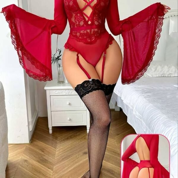 Scarlet Lace Bell-Sleeve Bodysuit & Garter Set