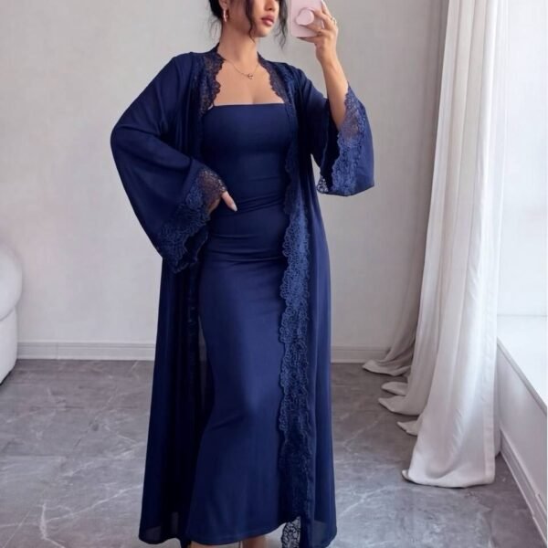 Elegant Lace-Trimmed Maxi Dress & Matching Robe Set