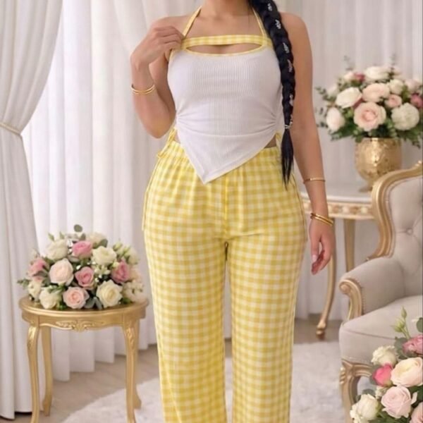 Chic Gingham & Ribbed Halter Lounge Set