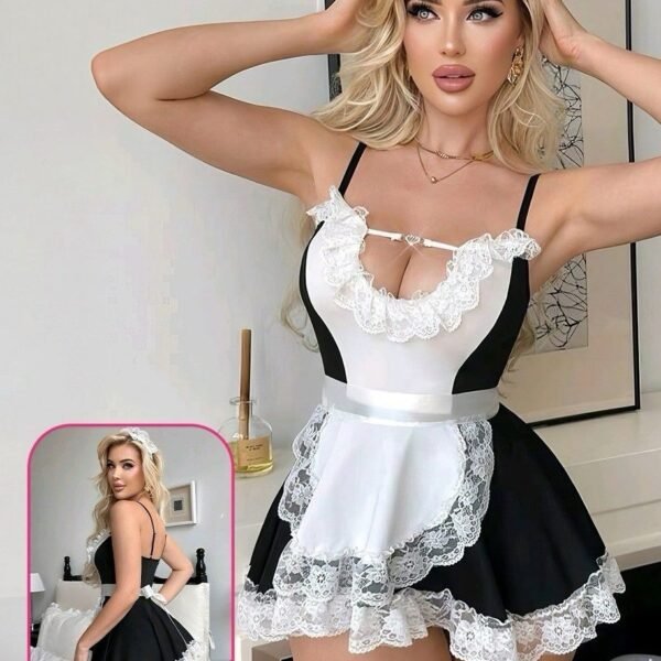 French Maid Inspired Lace Trim Mini Dress