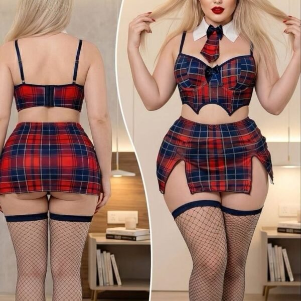 3-Piece Plaid Schoolgirl Lingerie Set - Bra Top, Mini Skirt & Necktie Accessory