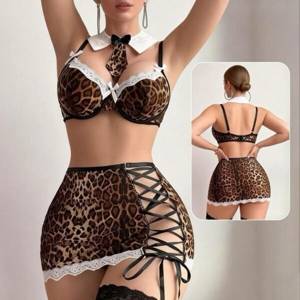 4-Piece Leopard Print Lingerie Set with Lace-Up Detail