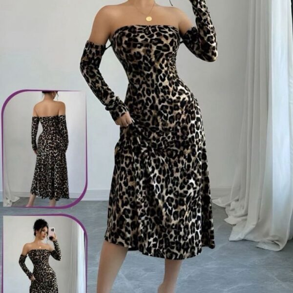 Leopard Print Off-The-Shoulder Midi Dress with Matching Sleeves